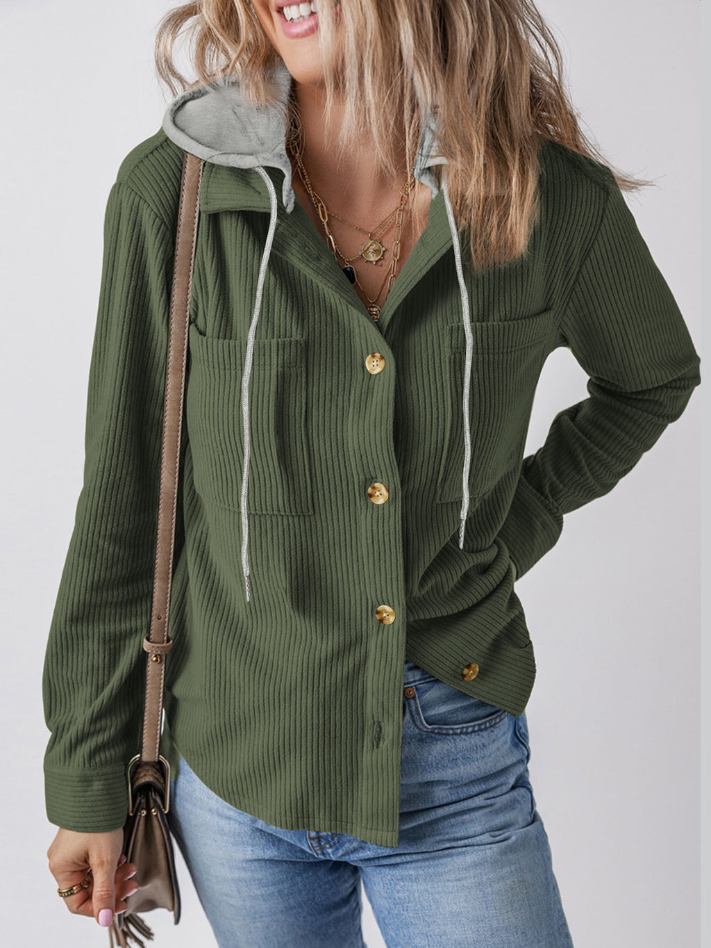 Corduroy Hooded Button Front Shacket - DkGreen