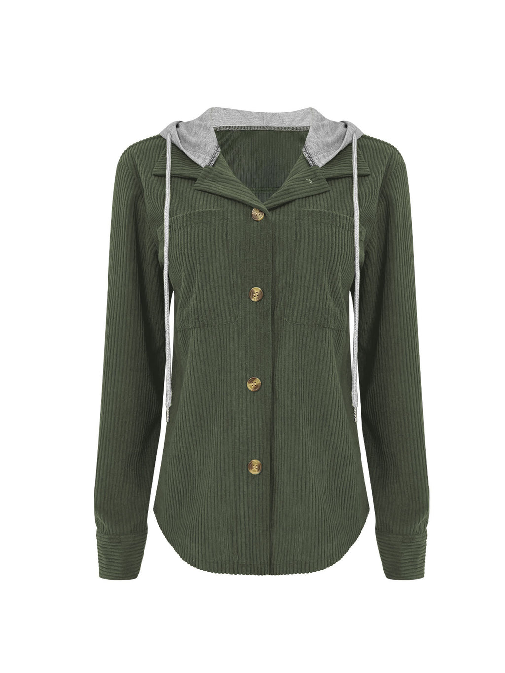 Corduroy Hooded Button Front Shacket - DkGreen - 1