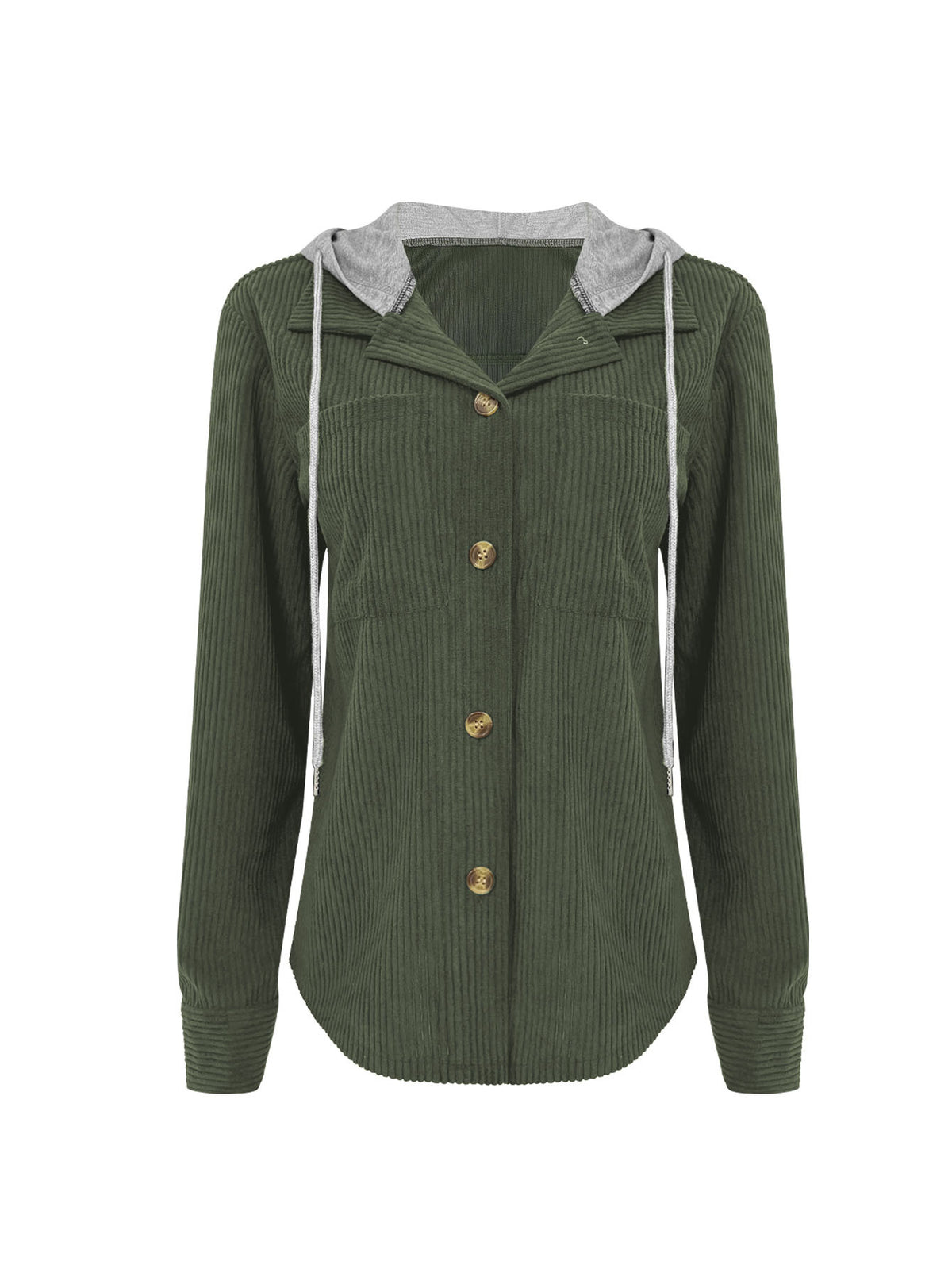 Corduroy Hooded Button Front Shacket - DkGreen - 1