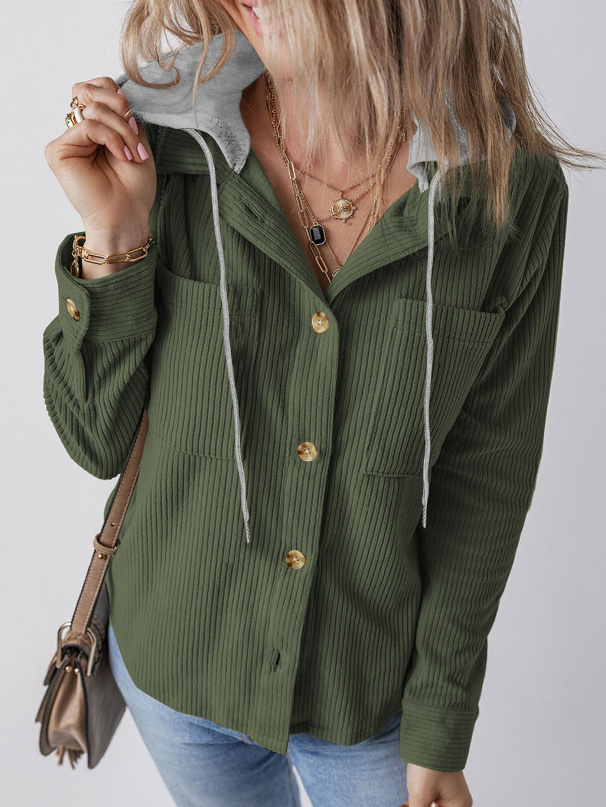 Corduroy Hooded Button Front Shacket - DkGreen - 2