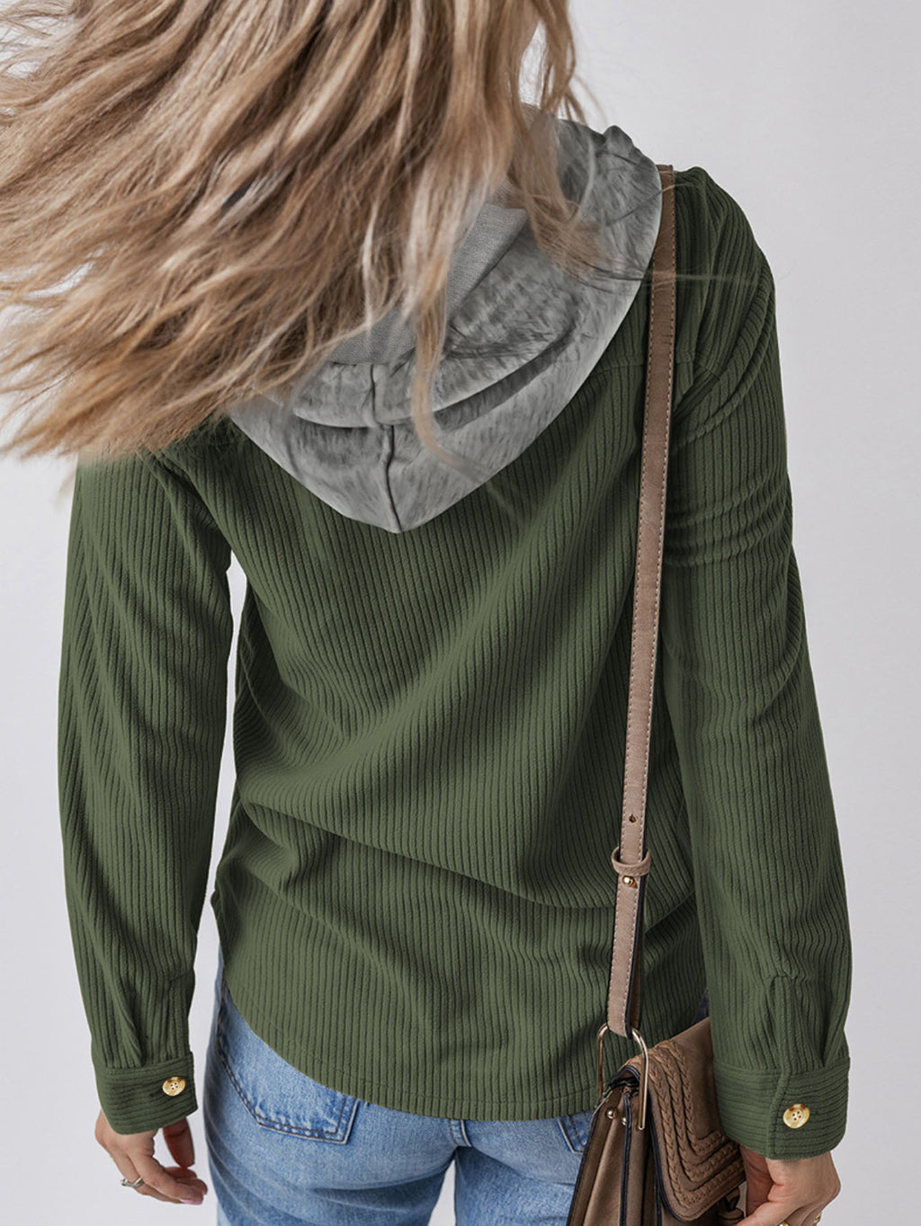 Corduroy Hooded Button Front Shacket - DkGreen - 3
