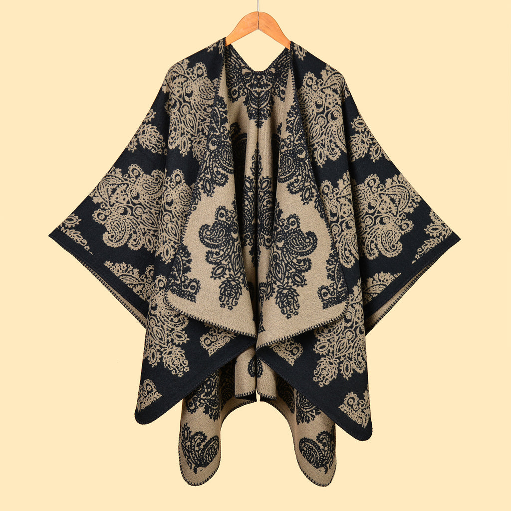 Baroque Medallion Jacquard Ruana Wrap Cape - Camel