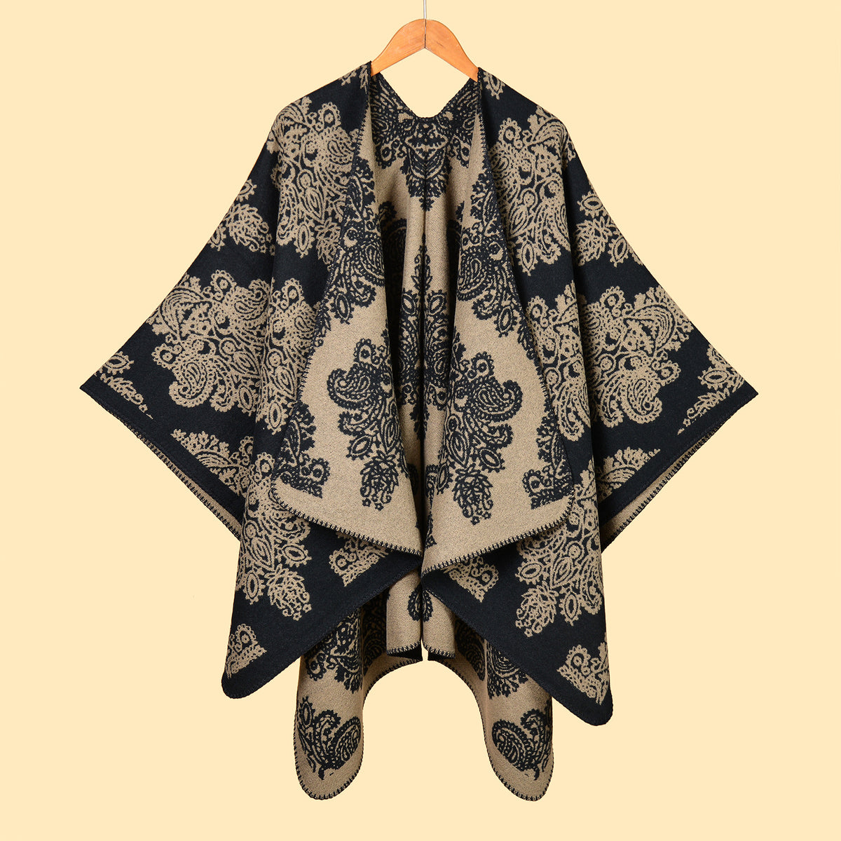 Baroque Medallion Jacquard Ruana Wrap Cape - Camel
