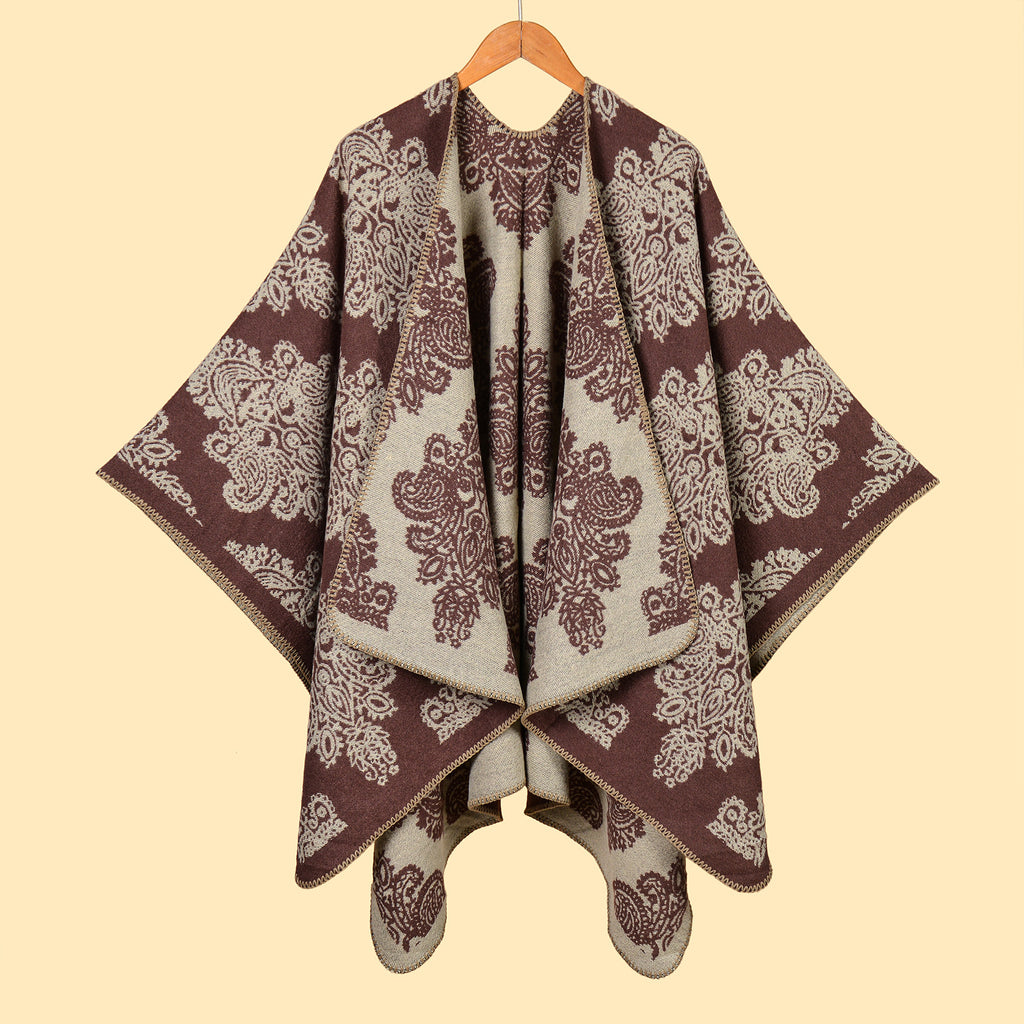 Baroque Medallion Jacquard Ruana Wrap Cape - Coffee