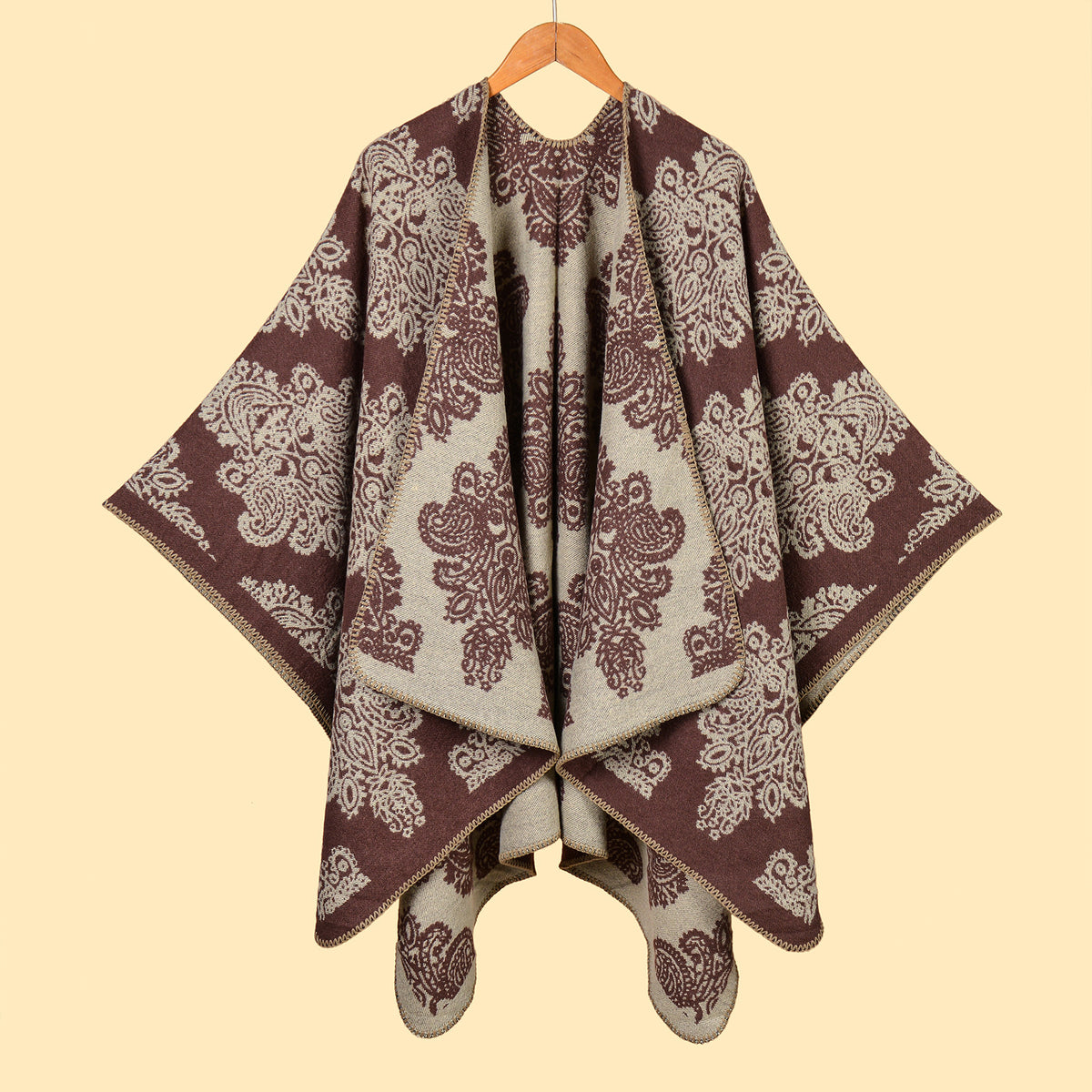 Baroque Medallion Jacquard Ruana Wrap Cape - Coffee