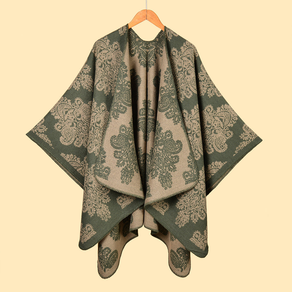 Baroque Medallion Jacquard Ruana Wrap Cape - Green
