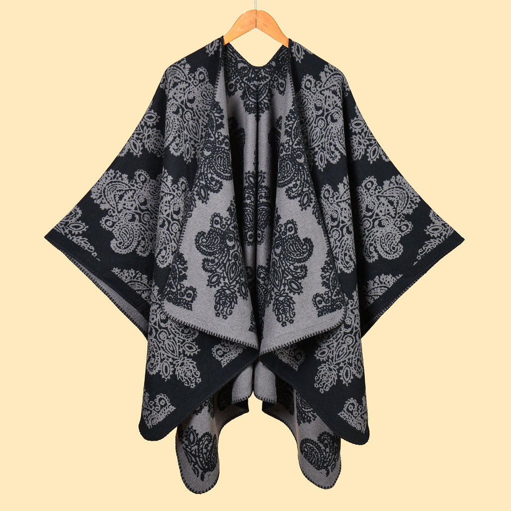 Baroque Medallion Jacquard Ruana Wrap Cape - Grey