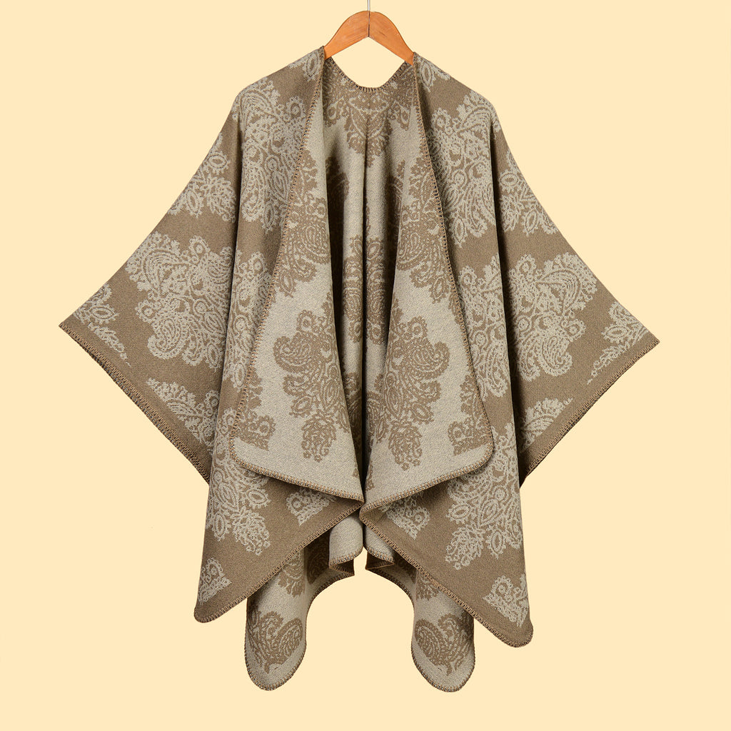 Baroque Medallion Jacquard Ruana Wrap Cape - Khaki