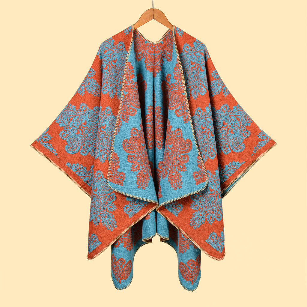 Baroque Medallion Jacquard Ruana Wrap Cape - Orange