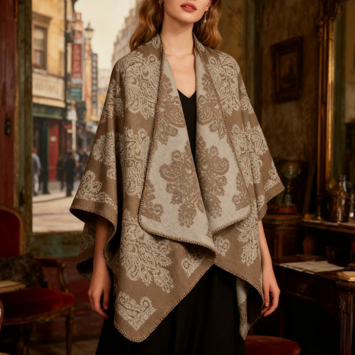 Baroque Medallion Jacquard Ruana Wrap Cape
