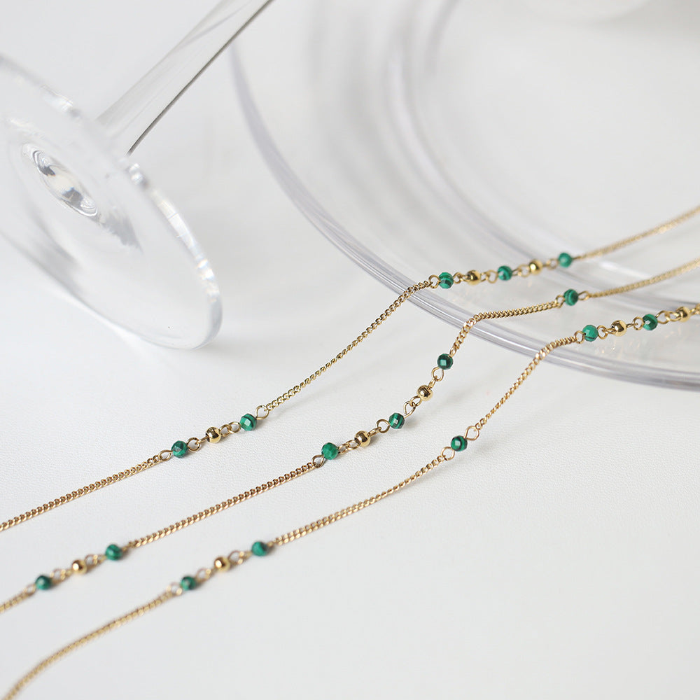Green Bead Double Layer Chain Necklace - Gold - 1