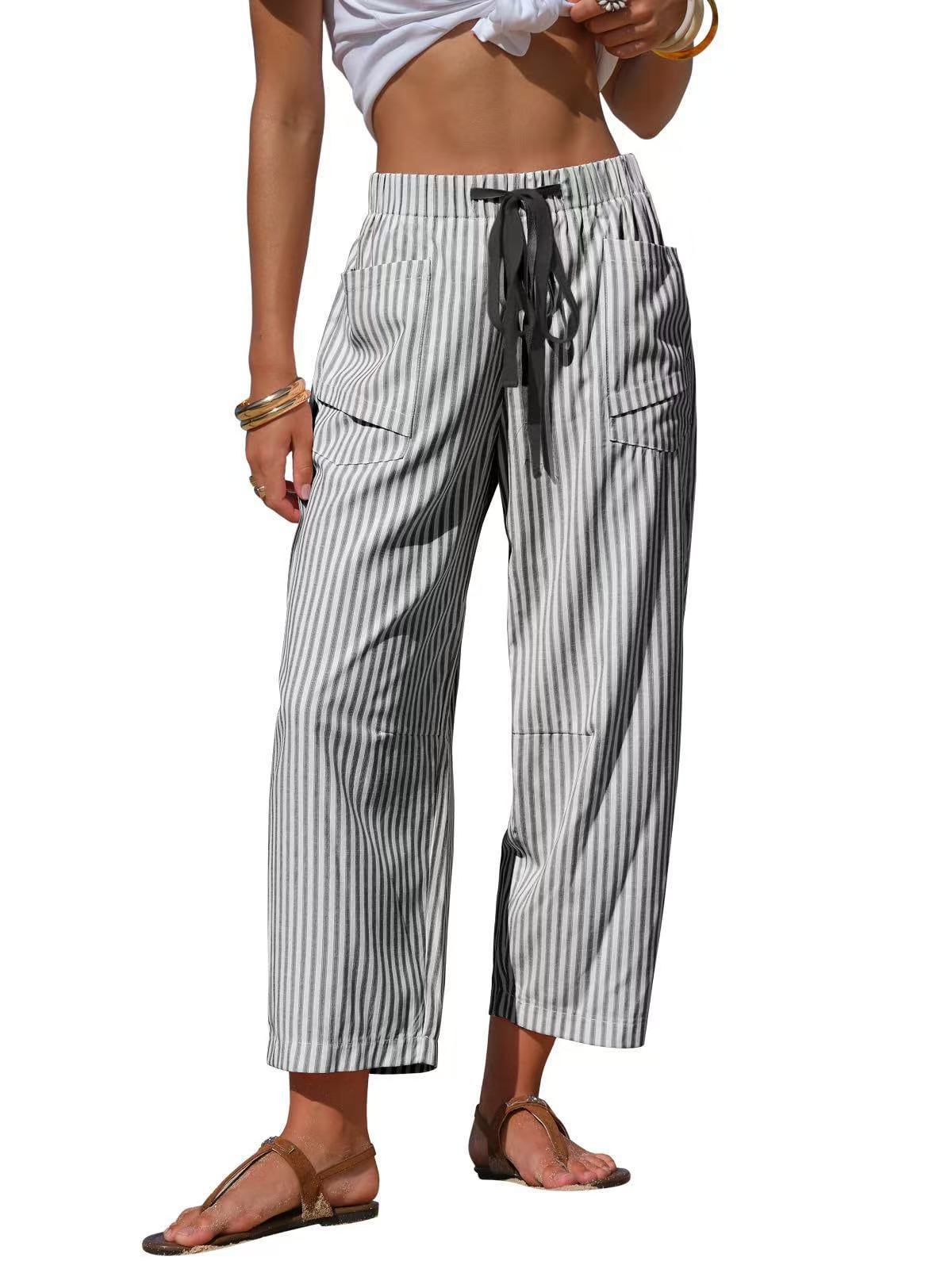 Vertical Stripe Tie Waist Barrel Pants - Black
