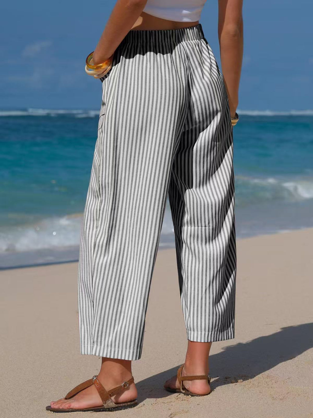 Vertical Stripe Tie Waist Barrel Pants - Black - 1