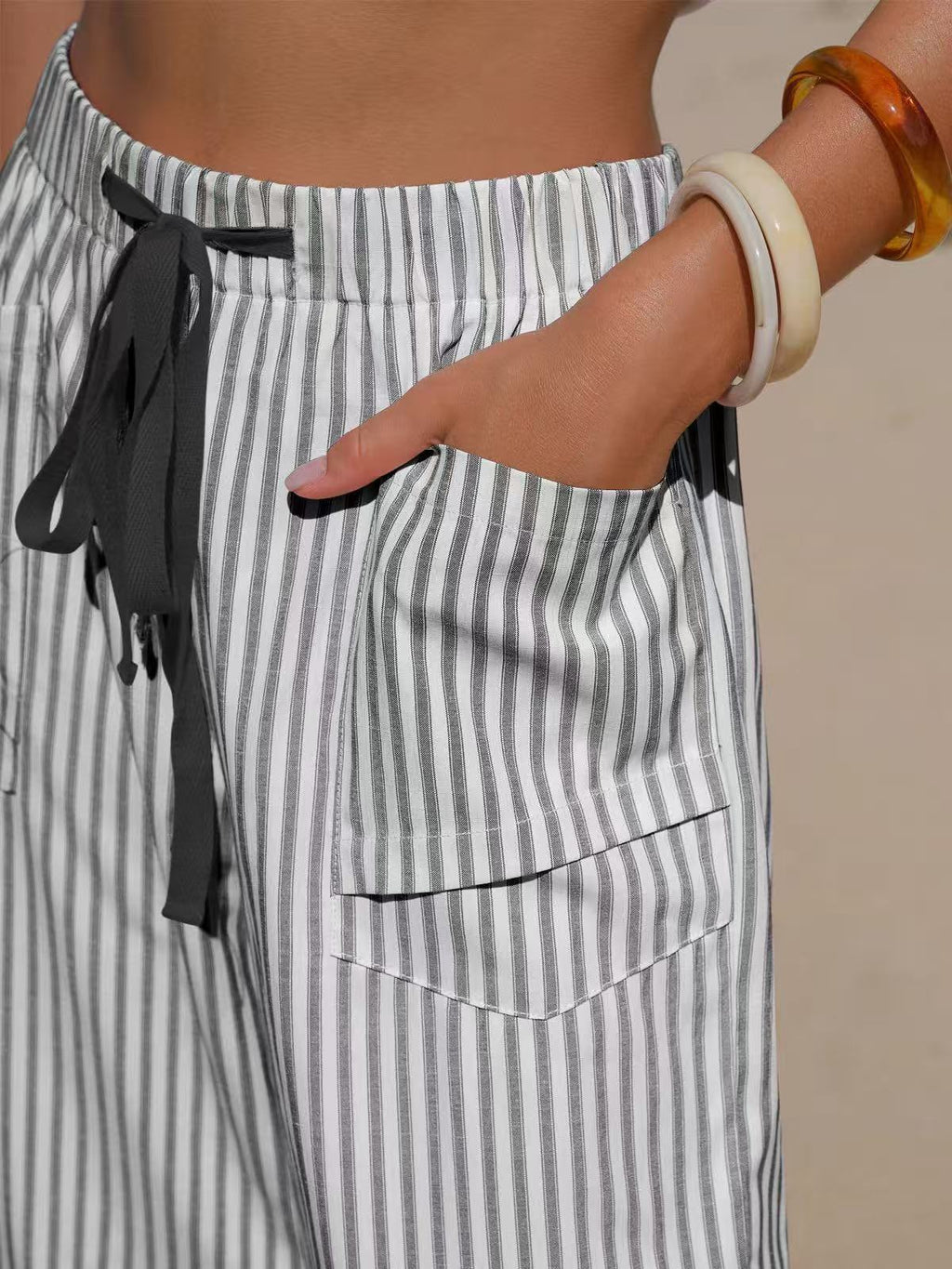 Vertical Stripe Tie Waist Barrel Pants - Black - 2