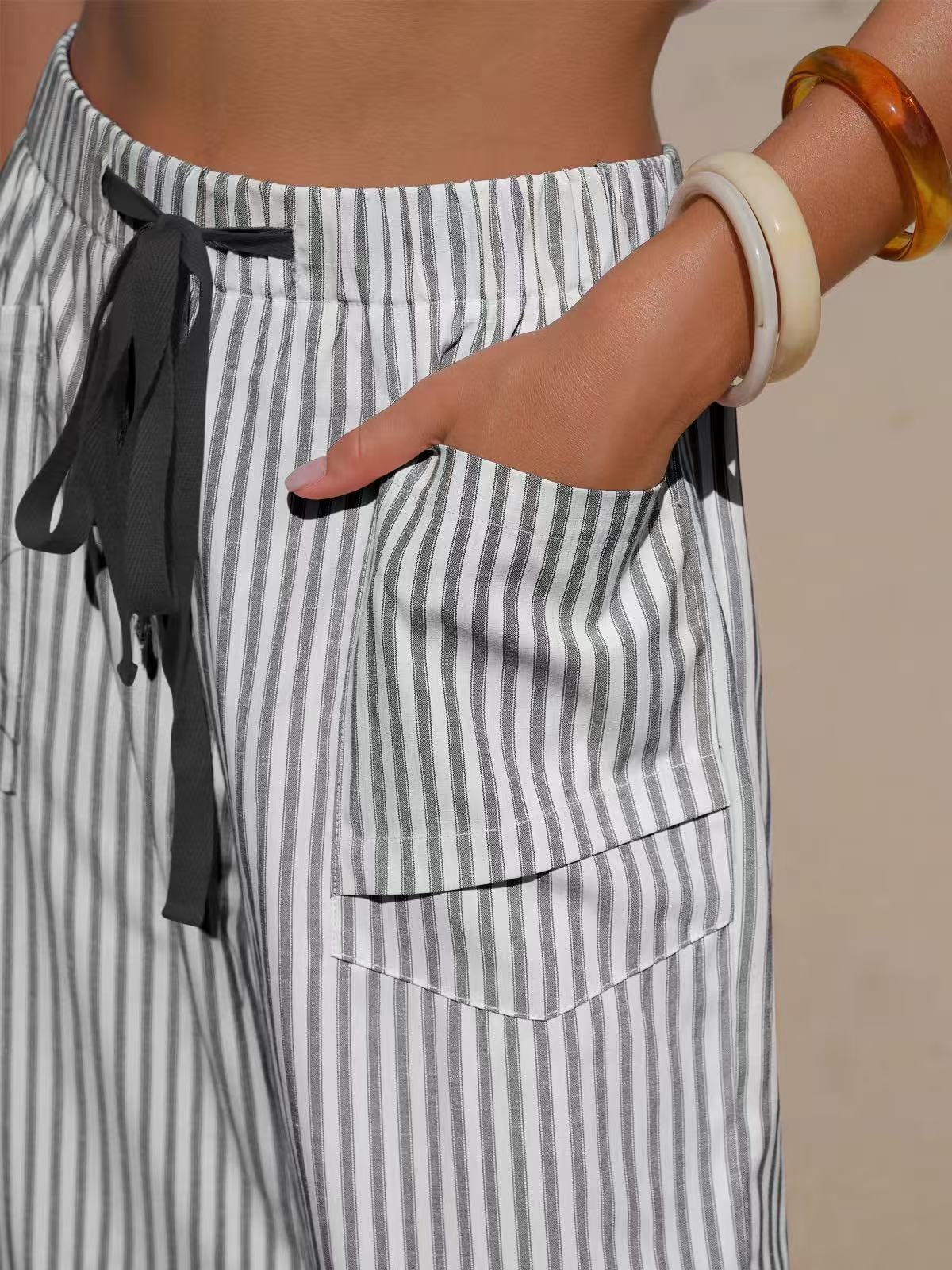 Vertical Stripe Tie Waist Barrel Pants - Black - 2