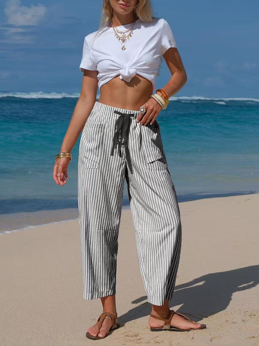 Vertical Stripe Tie Waist Barrel Pants - Black - 3