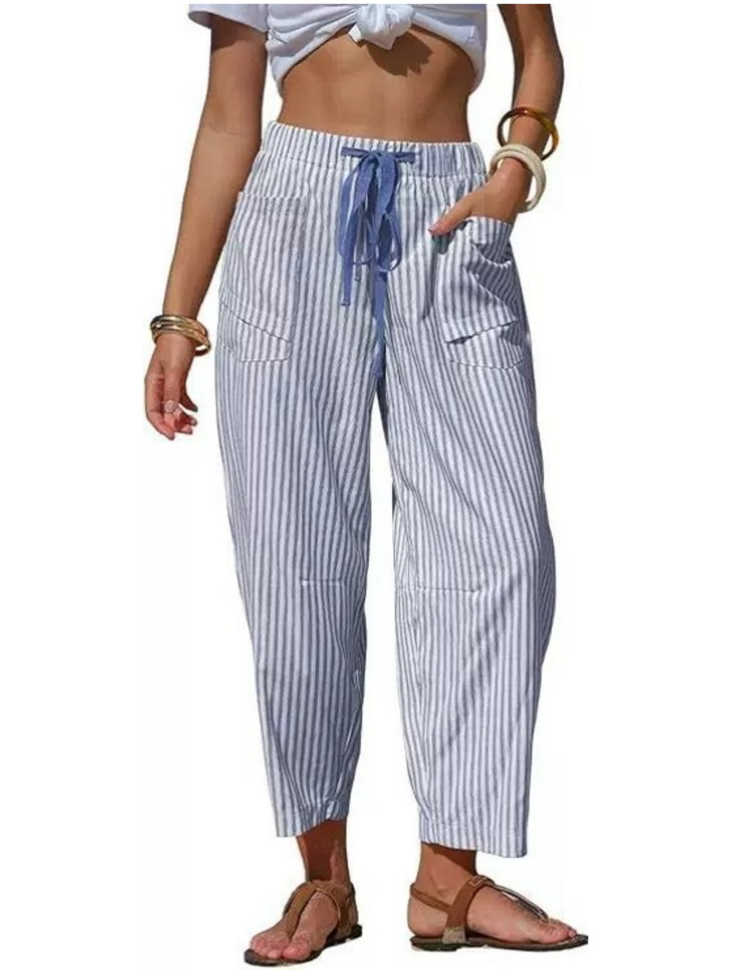 Vertical Stripe Tie Waist Barrel Pants - Blue