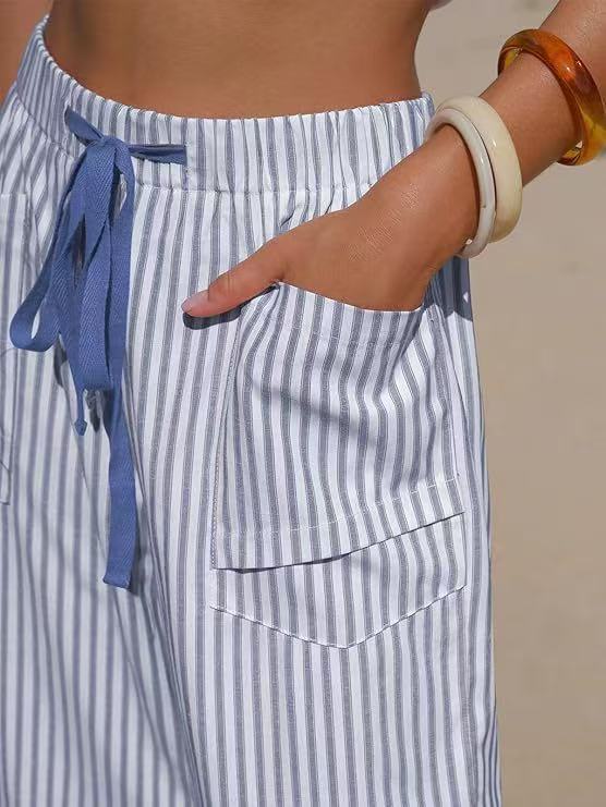 Vertical Stripe Tie Waist Barrel Pants - Blue - 1
