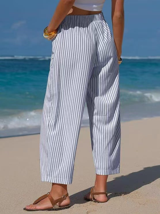 Vertical Stripe Tie Waist Barrel Pants - Blue - 2