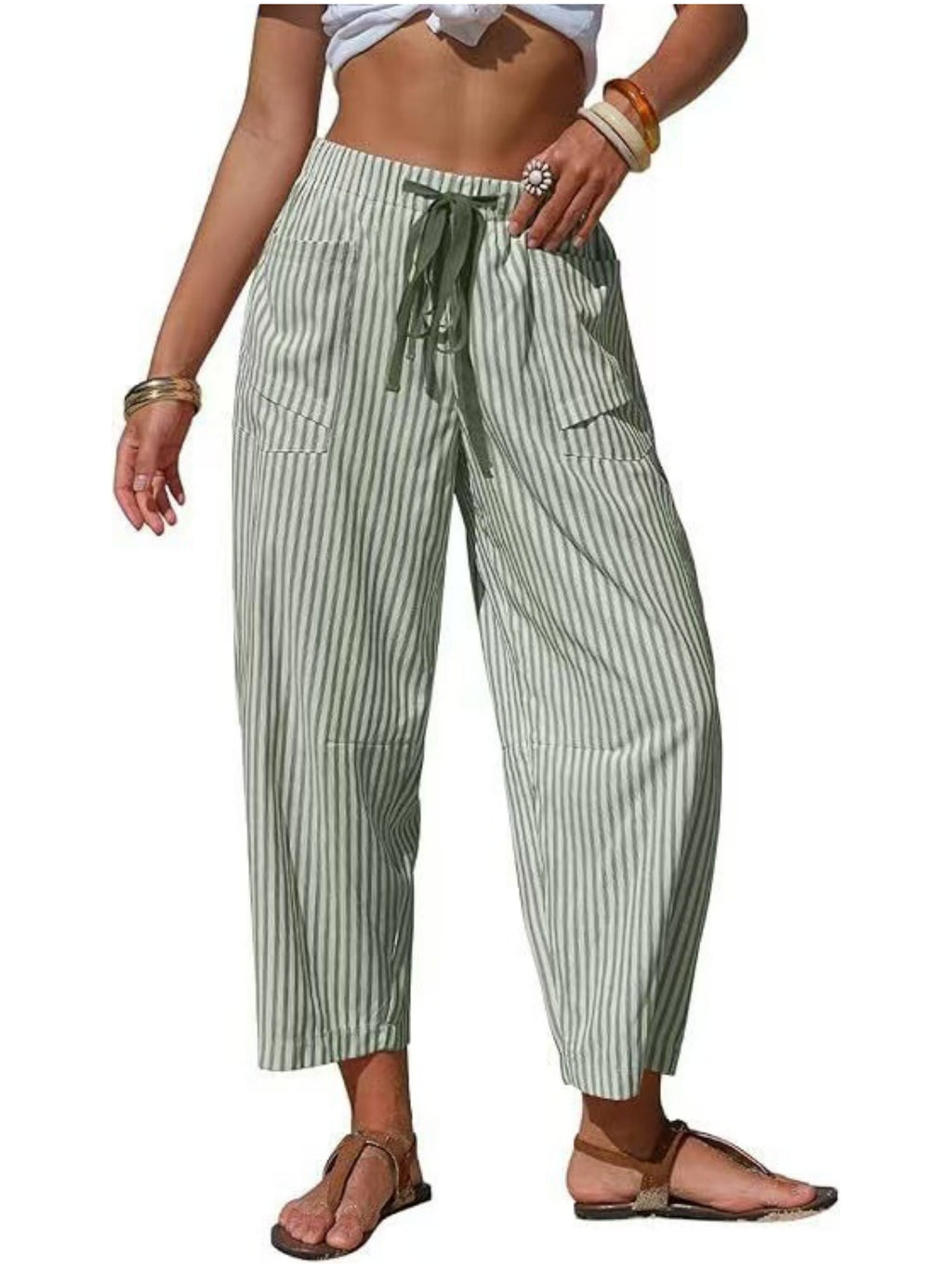 Vertical Stripe Tie Waist Barrel Pants - Green