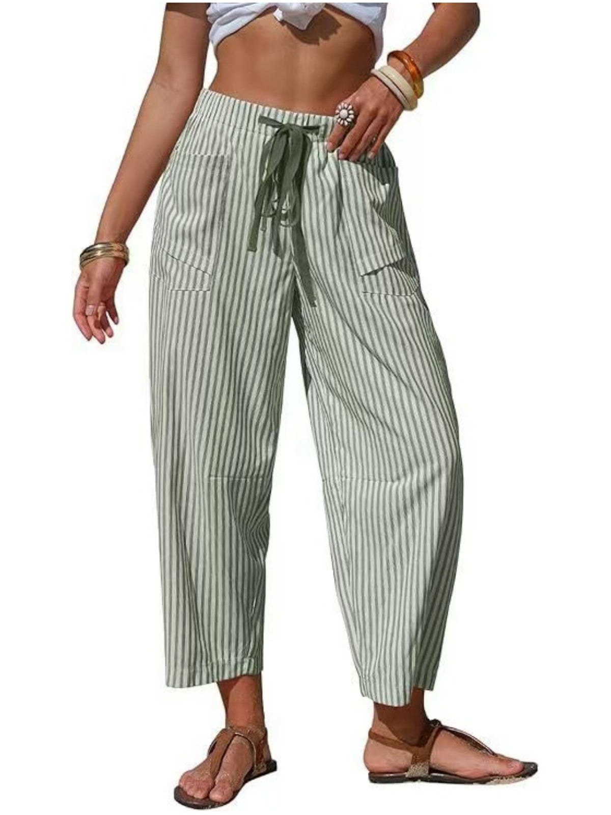 Vertical Stripe Tie Waist Barrel Pants - Green