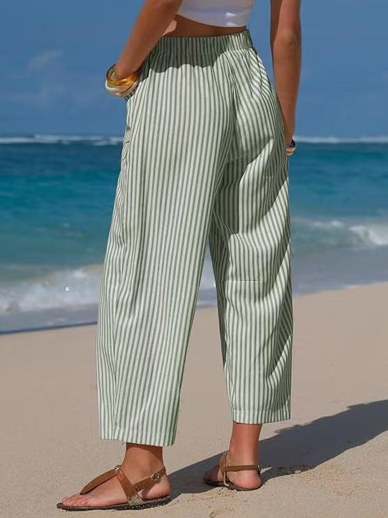 Vertical Stripe Tie Waist Barrel Pants - Green - 1