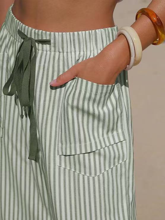 Vertical Stripe Tie Waist Barrel Pants - Green - 2
