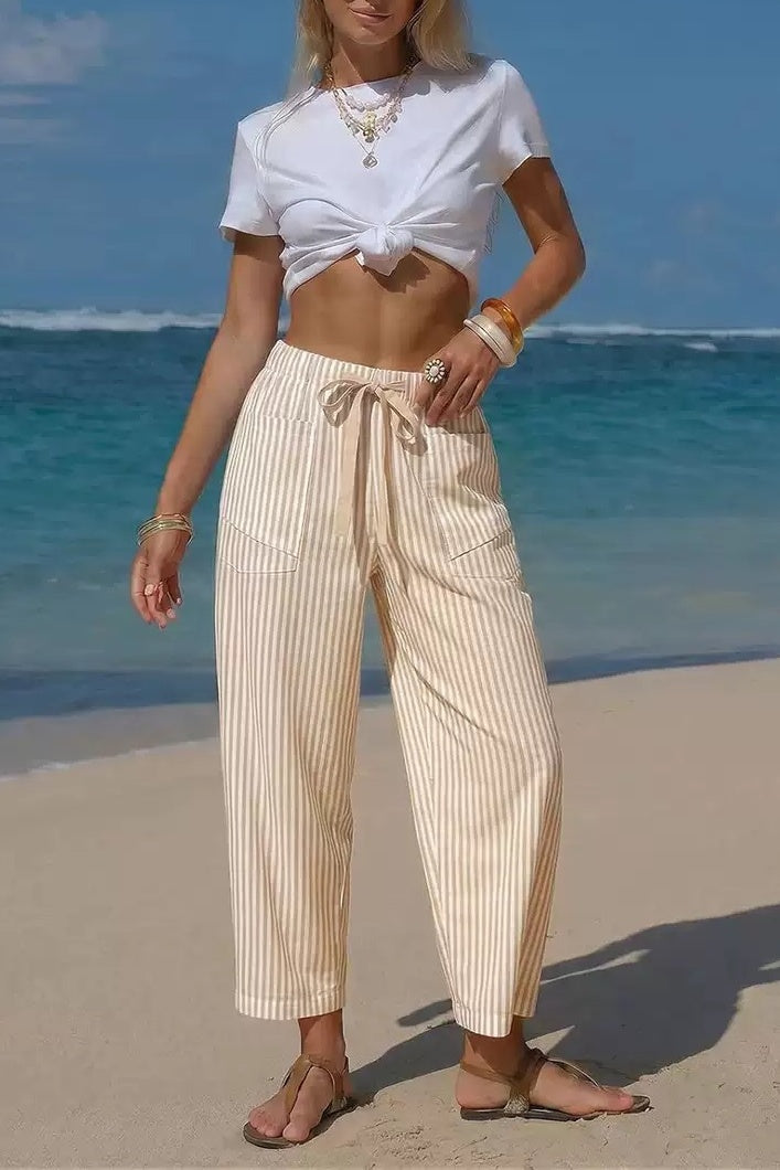 Vertical Stripe Tie Waist Barrel Pants - Khaki