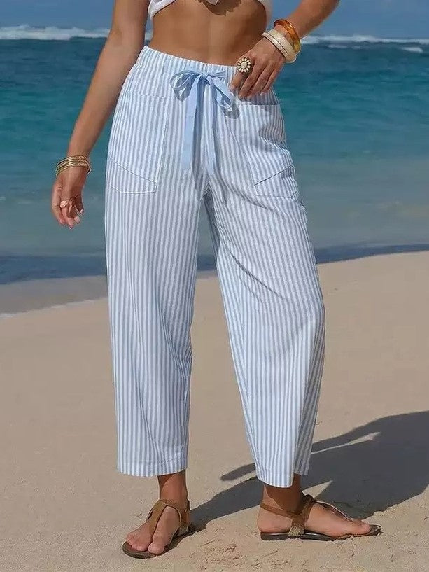 Vertical Stripe Tie Waist Barrel Pants - LightBlue