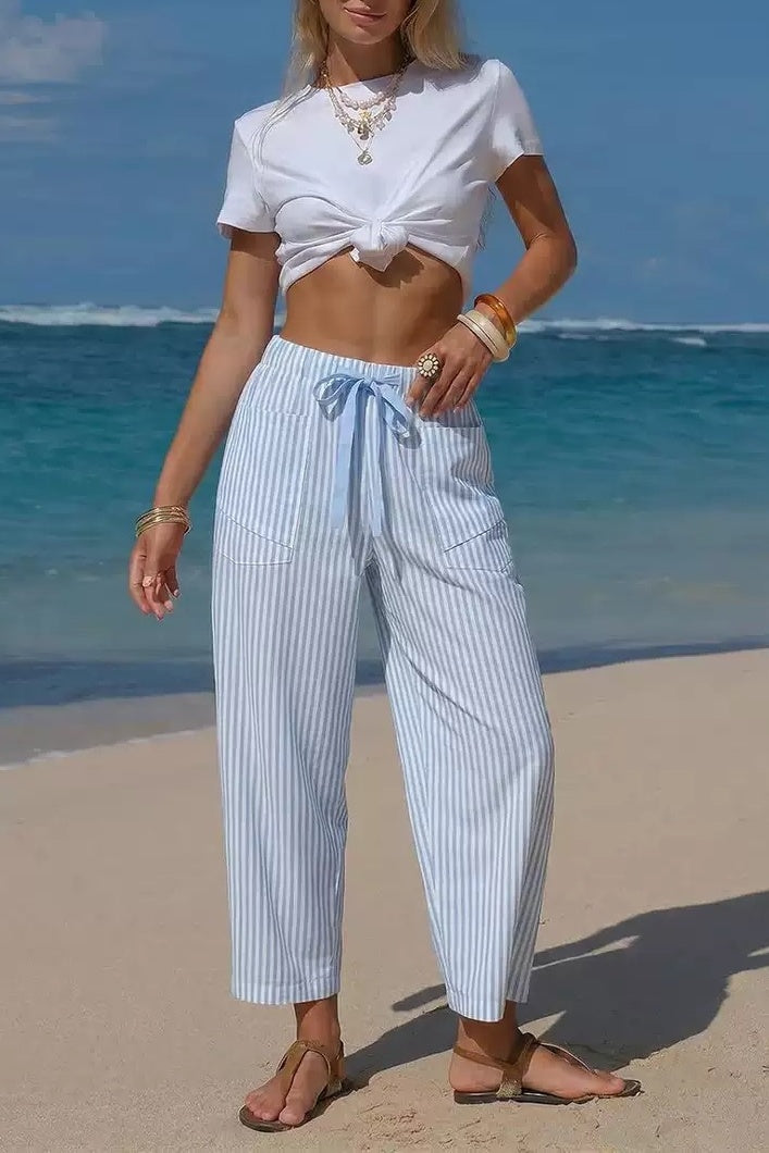 Vertical Stripe Tie Waist Barrel Pants - LightBlue - 1