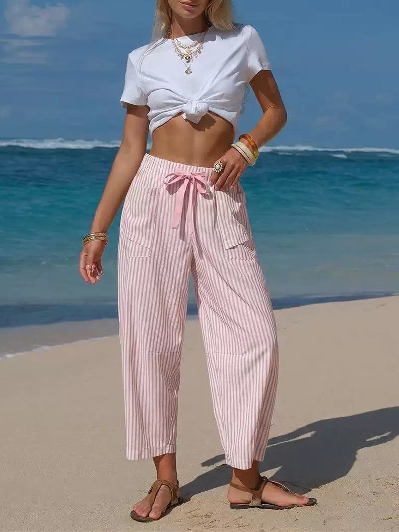 Vertical Stripe Tie Waist Barrel Pants - Pink
