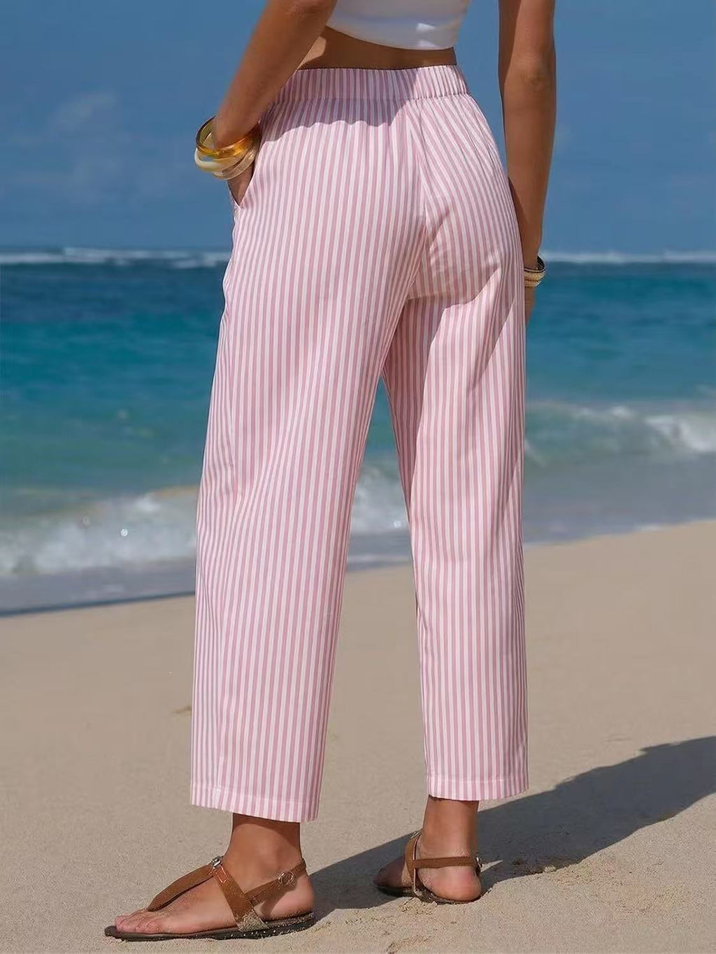 Vertical Stripe Tie Waist Barrel Pants - Pink - 1