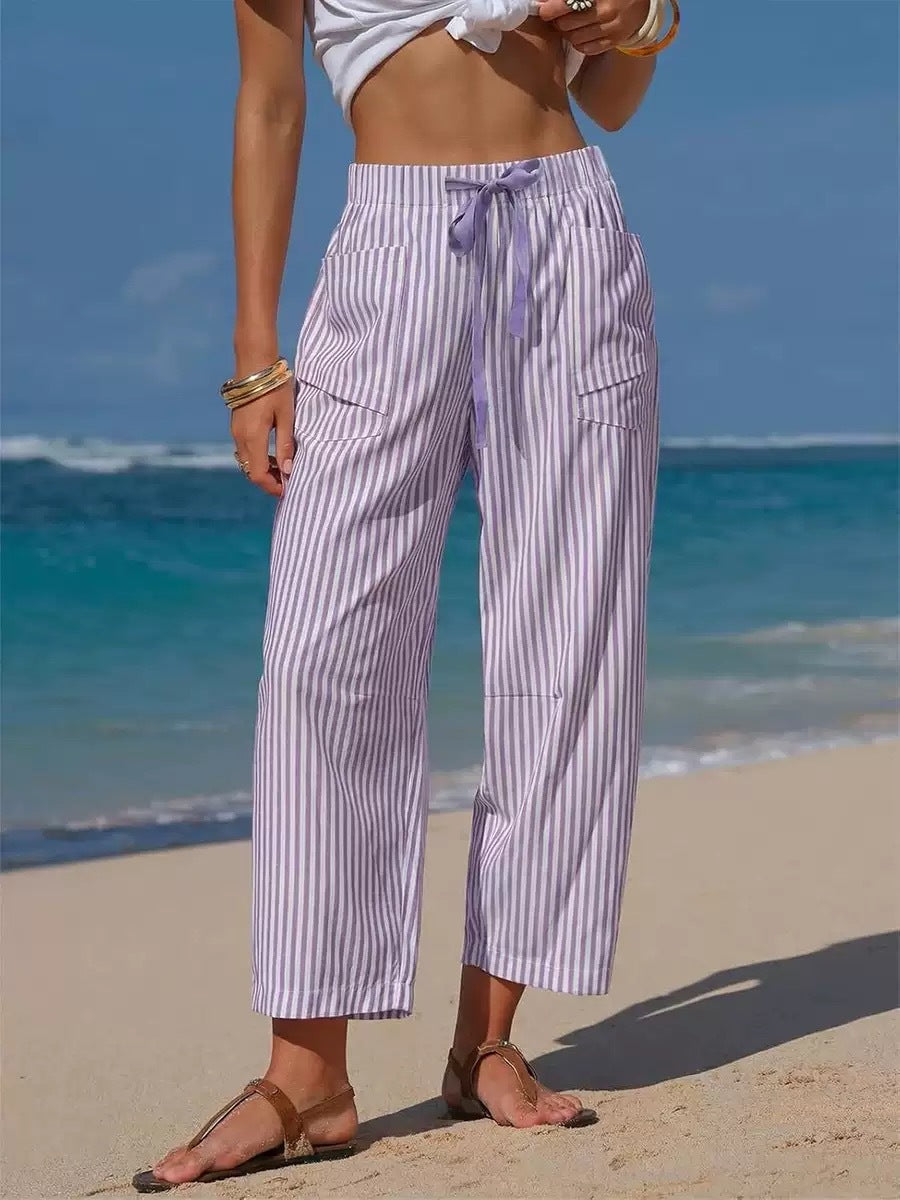 Vertical Stripe Tie Waist Barrel Pants - Purple