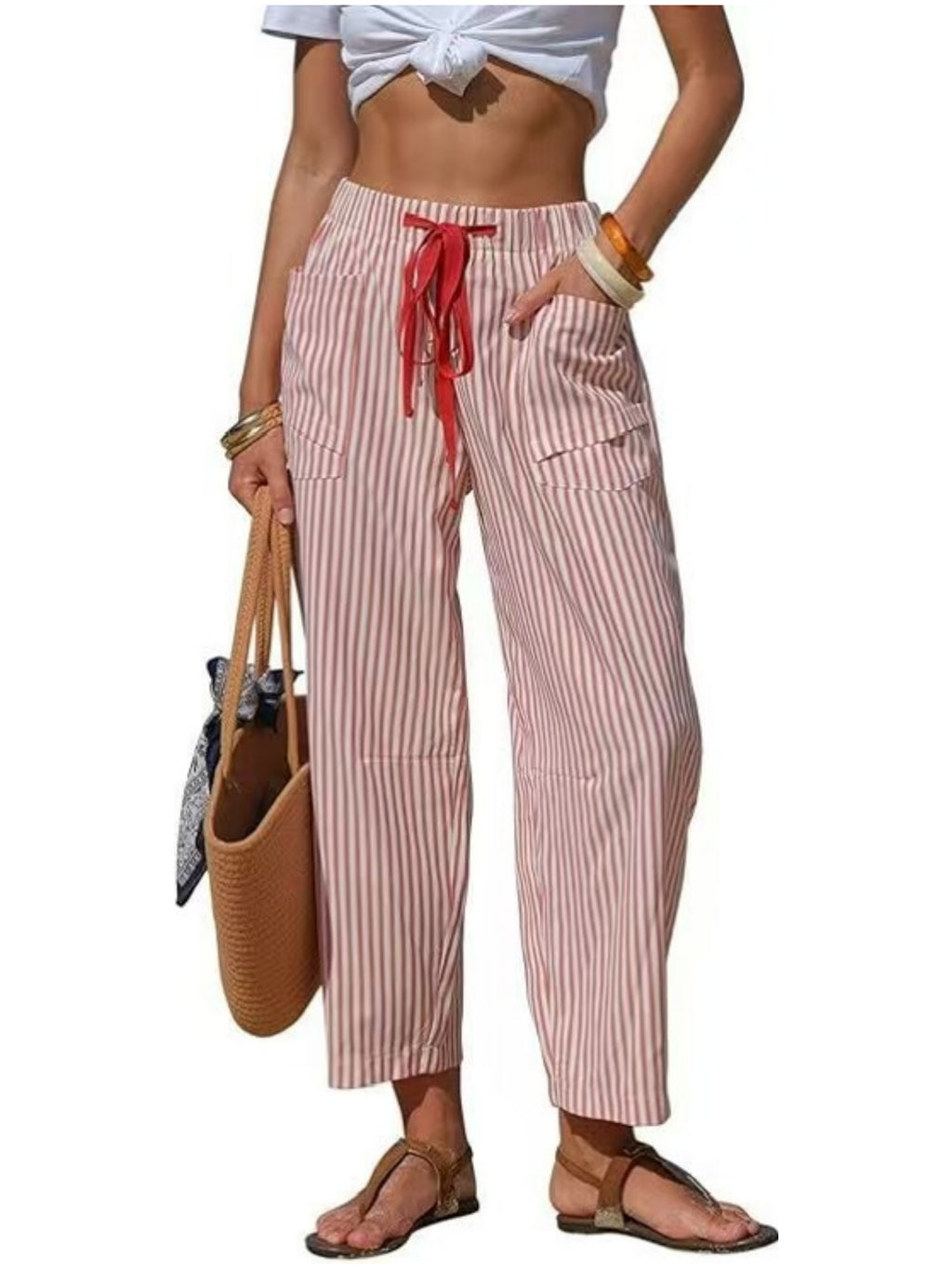 Vertical Stripe Tie Waist Barrel Pants - Red