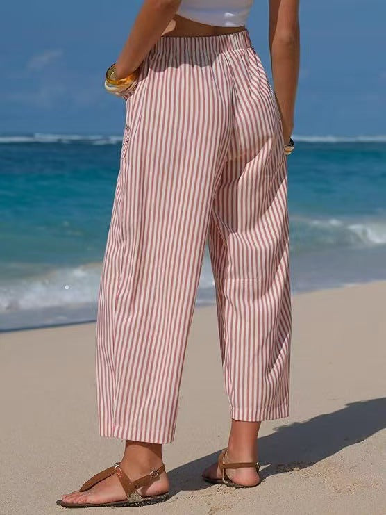 Vertical Stripe Tie Waist Barrel Pants - Red - 1