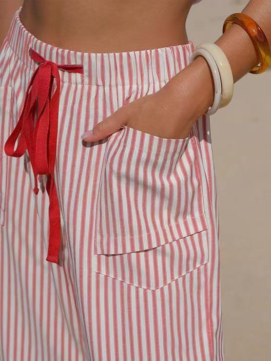 Vertical Stripe Tie Waist Barrel Pants - Red - 2