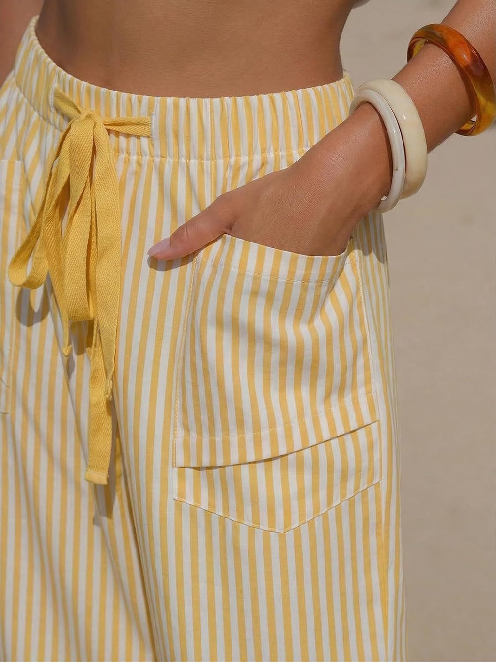 Vertical Stripe Tie Waist Barrel Pants - Yellow - 1