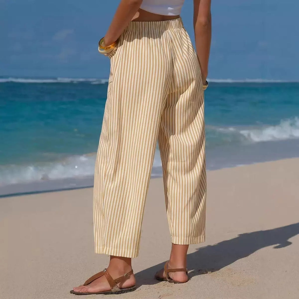 Vertical Stripe Tie Waist Barrel Pants - Yellow - 2