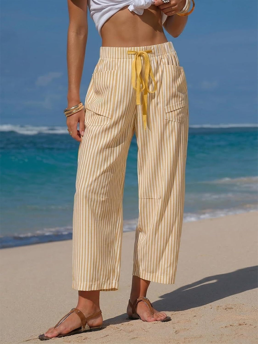 Vertical Stripe Tie Waist Barrel Pants - Yellow - 3