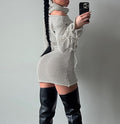 Knit Cropped Top and Drawstring Mini Skirt Set - Grey