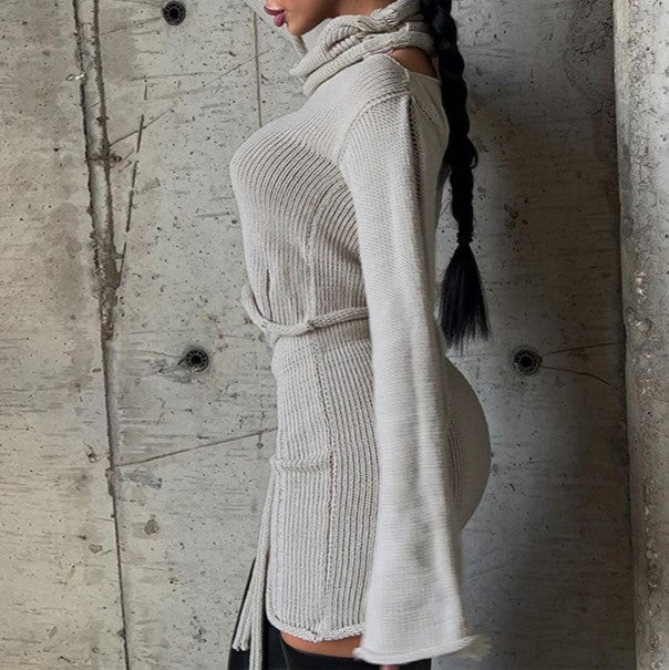 Knit Cropped Top and Drawstring Mini Skirt Set - Grey - 1