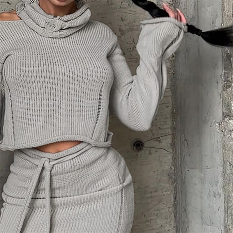 Knit Cropped Top and Drawstring Mini Skirt Set - Grey - 6