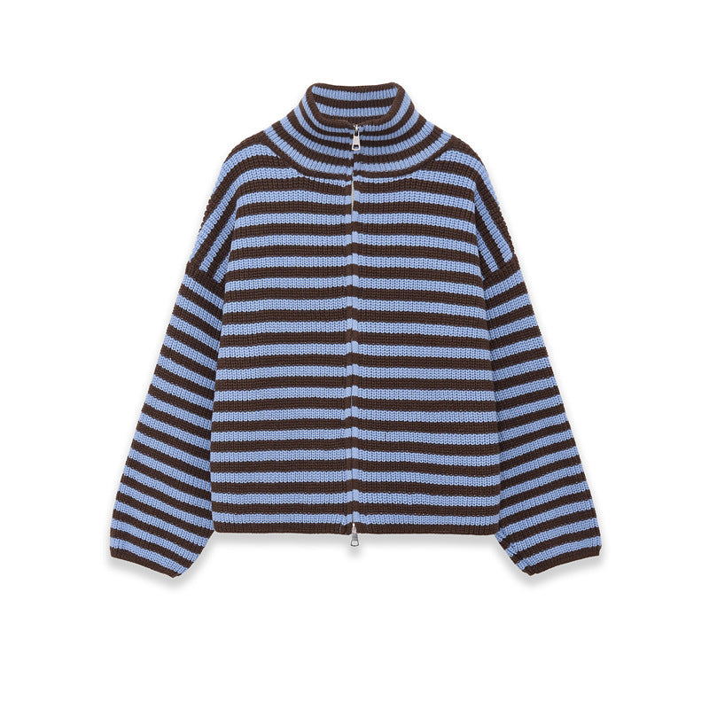Zip Up Ribbed Knit Cardigan With Stand Collar - Blue