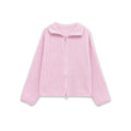 Zip Up Ribbed Knit Cardigan With Stand Collar - Pink