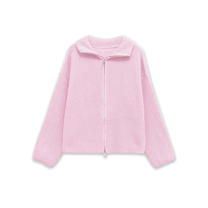 Zip Up Ribbed Knit Cardigan With Stand Collar - Pink