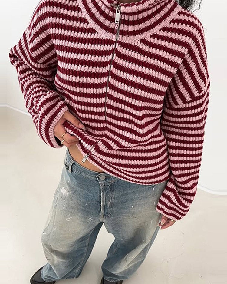 Zip Up Ribbed Knit Cardigan With Stand Collar - Red
