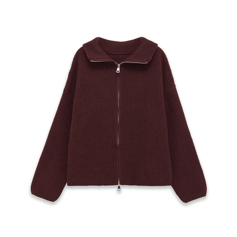 Zip Up Ribbed Knit Cardigan With Stand Collar - WineRed