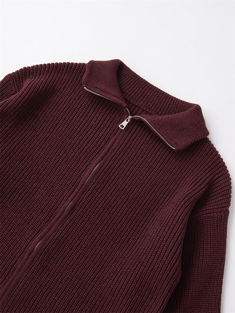 Zip Up Ribbed Knit Cardigan With Stand Collar - WineRed - 1