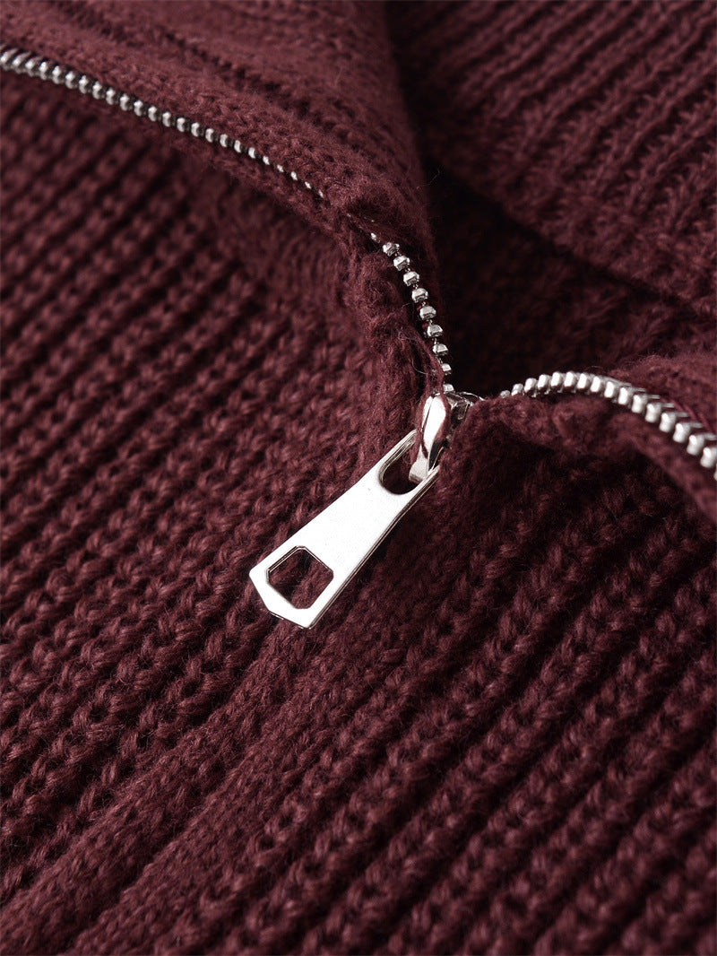 Zip Up Ribbed Knit Cardigan With Stand Collar - WineRed - 3