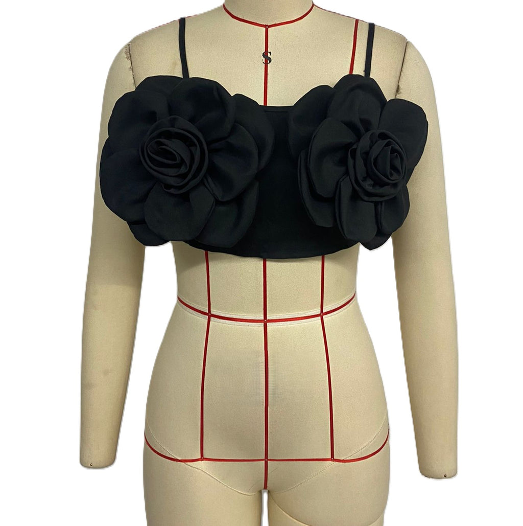 Rosette Floral Bandeau Crop Camisole - Black